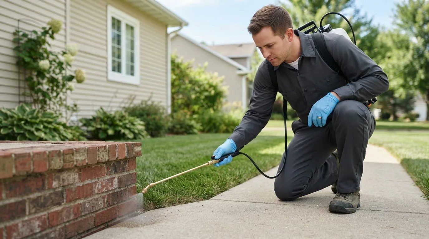 Pest control technician treating a home near Jeannette, PA